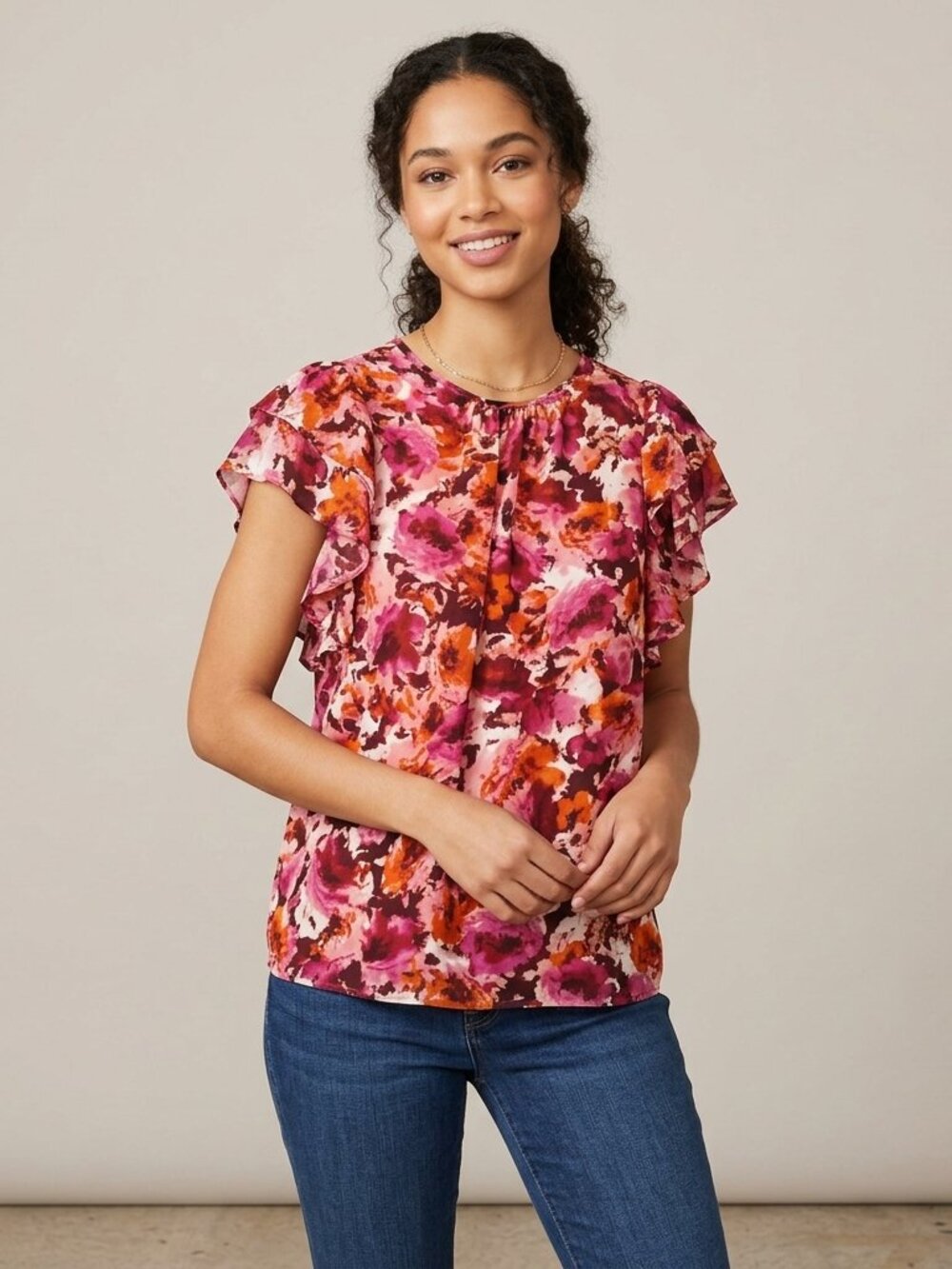 1.STATE Flutter Short Sleeve Scoop Neck Lined Blouse Top Multi Floral Women's M